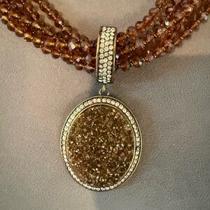 Joan Rivers Elegant Brown Crystal beads Necklace with Druzy Pendant Necklace
